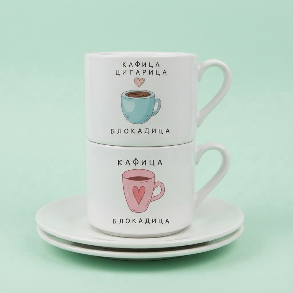 Dve bele šolje, plava i roze, natpis Kafica cigarica blokadica